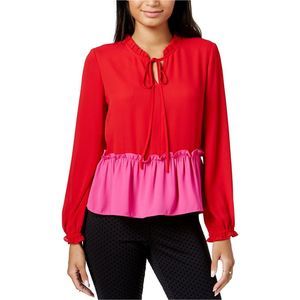 Maison Jules Womens Ruffled Knit Blouse, Red, NWT